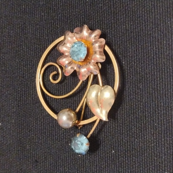 40's Retro Bal Ron 12K GF Flower & Aquamarine Rhinestone Brooch - Picture 1 of 5